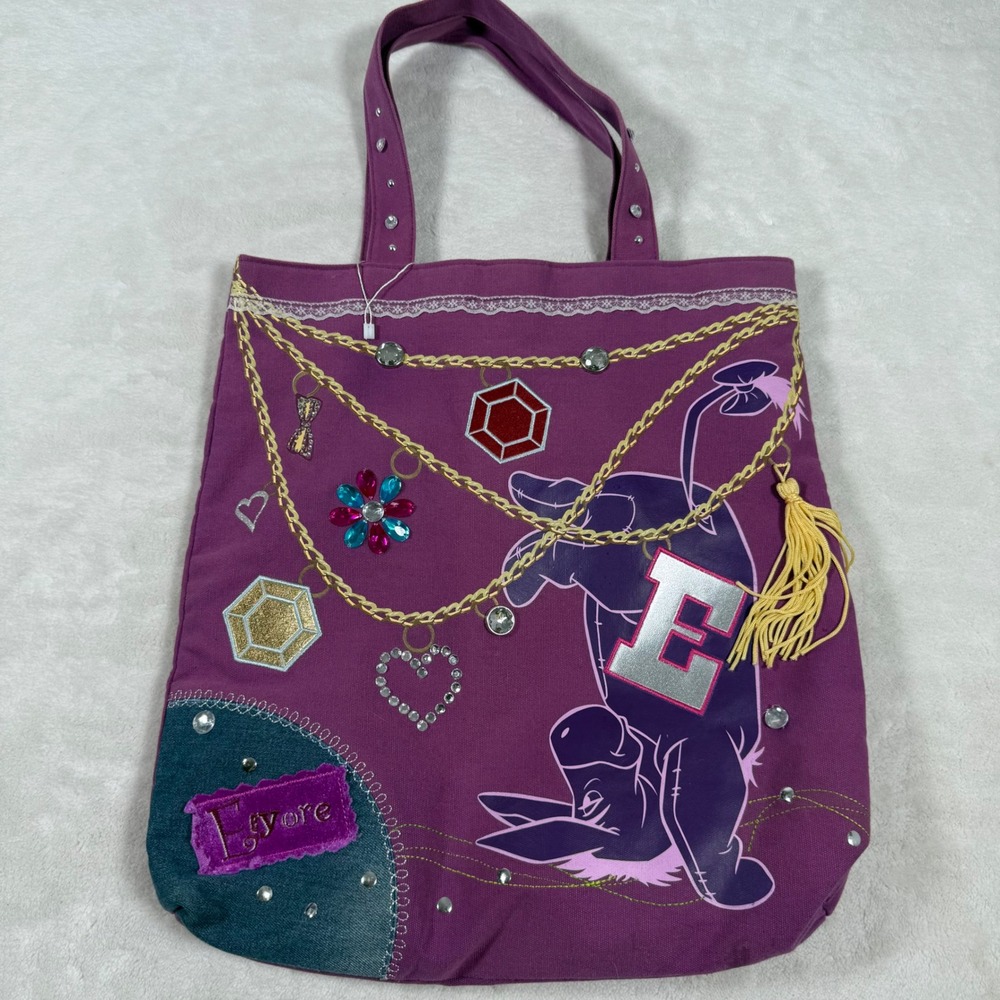 Disney Eeyore Purple Canvas Tote Bag Rhinestone Embellished Chain Charm Applique